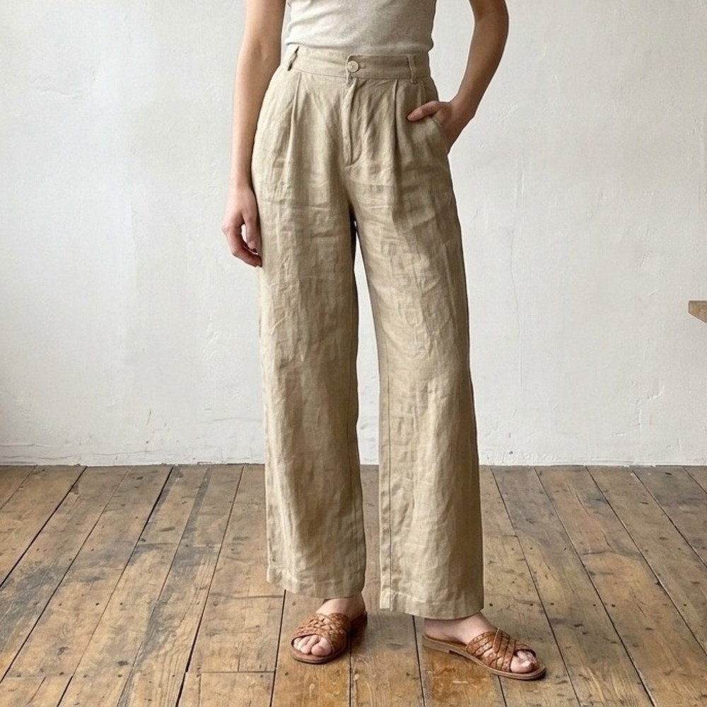Zara Womens Pants XS Khaki Tan Pleated Wide Leg Linen Coastal Minimalist